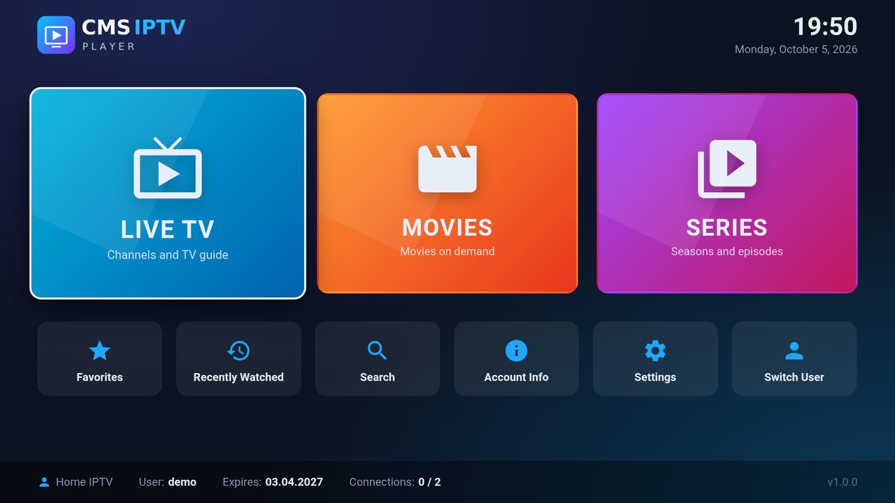 CMSIPTV Player home screen